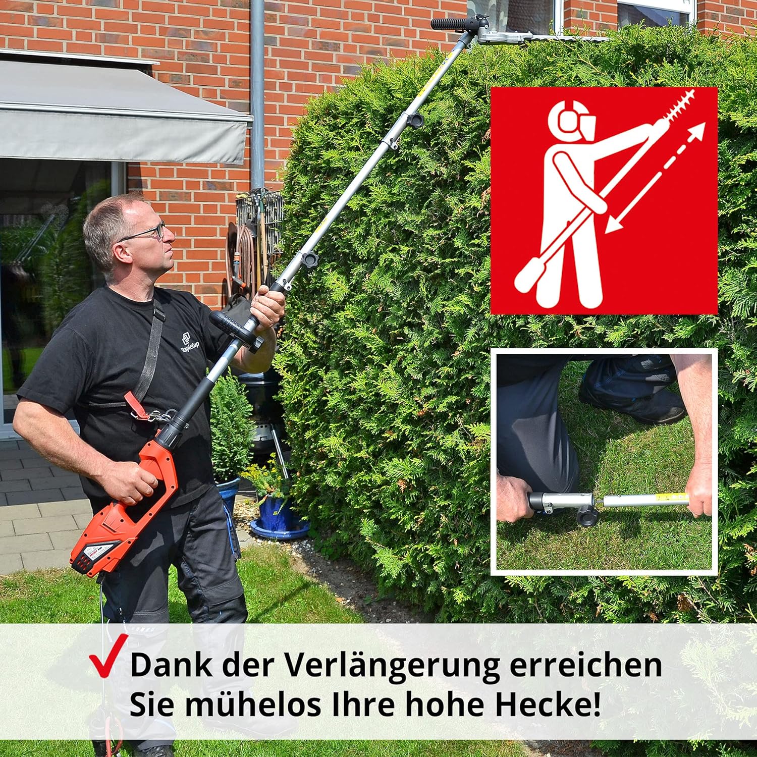 Hecht Profi Elektro Teleskopheckenschere elektrisch mit Star-Ken 900 Watt – Mit Teleskopstiel, abwinkelbarem Kopf und Tragegurt – Für einen schönen Schnitt Ihrer Hecken und Sträucher
