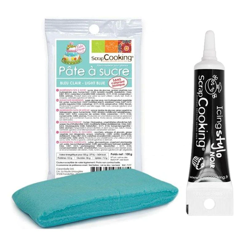 Pâte à sucre bleu clair 100 g + Stylo de glaçage noir Scrapcooking