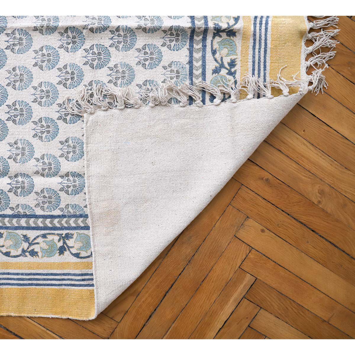 Tapis blockprint fleur bleue 120X180 Pondie Chérie