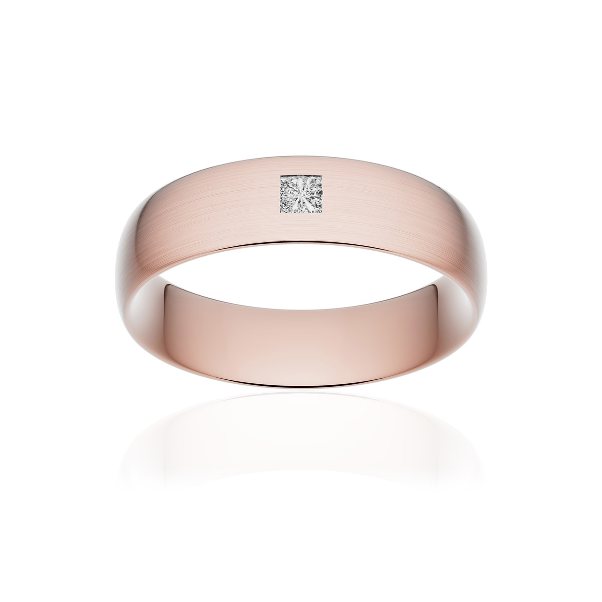 Alliance or 750 rose brossé demi-jonc confort 6mm diamant princesse