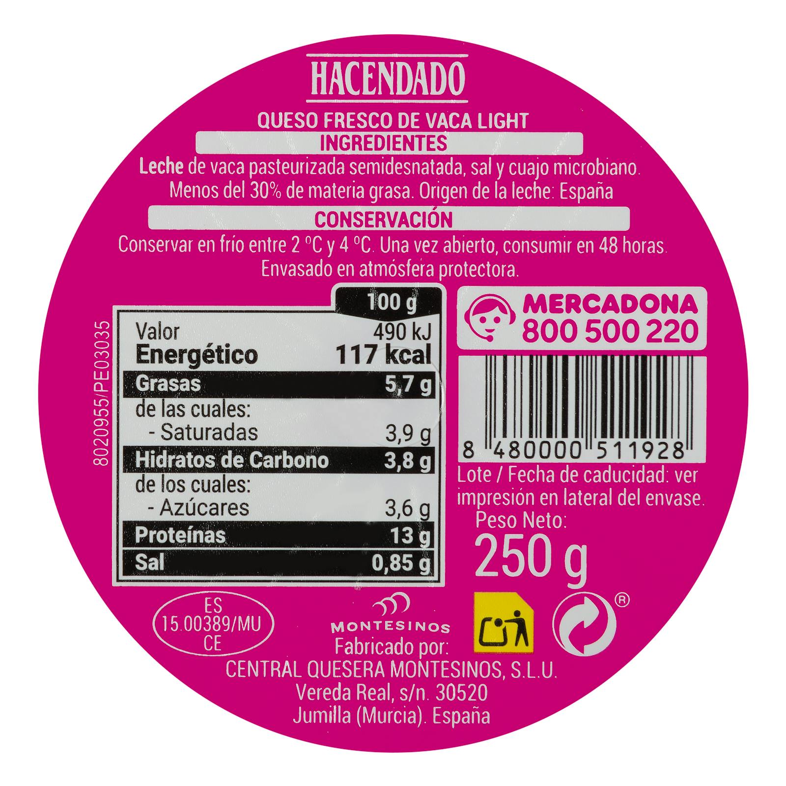 Fromage de vache frais léger Hacendado