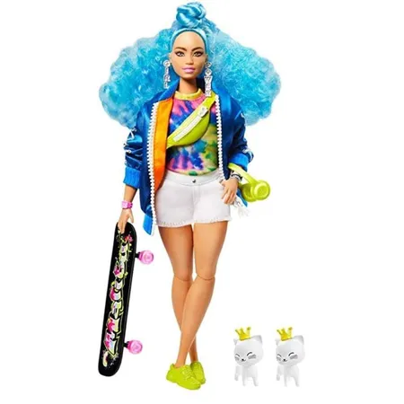 Barbie Extra Puppe mit blauen Haaren und Skateboard, inkl. Haustier