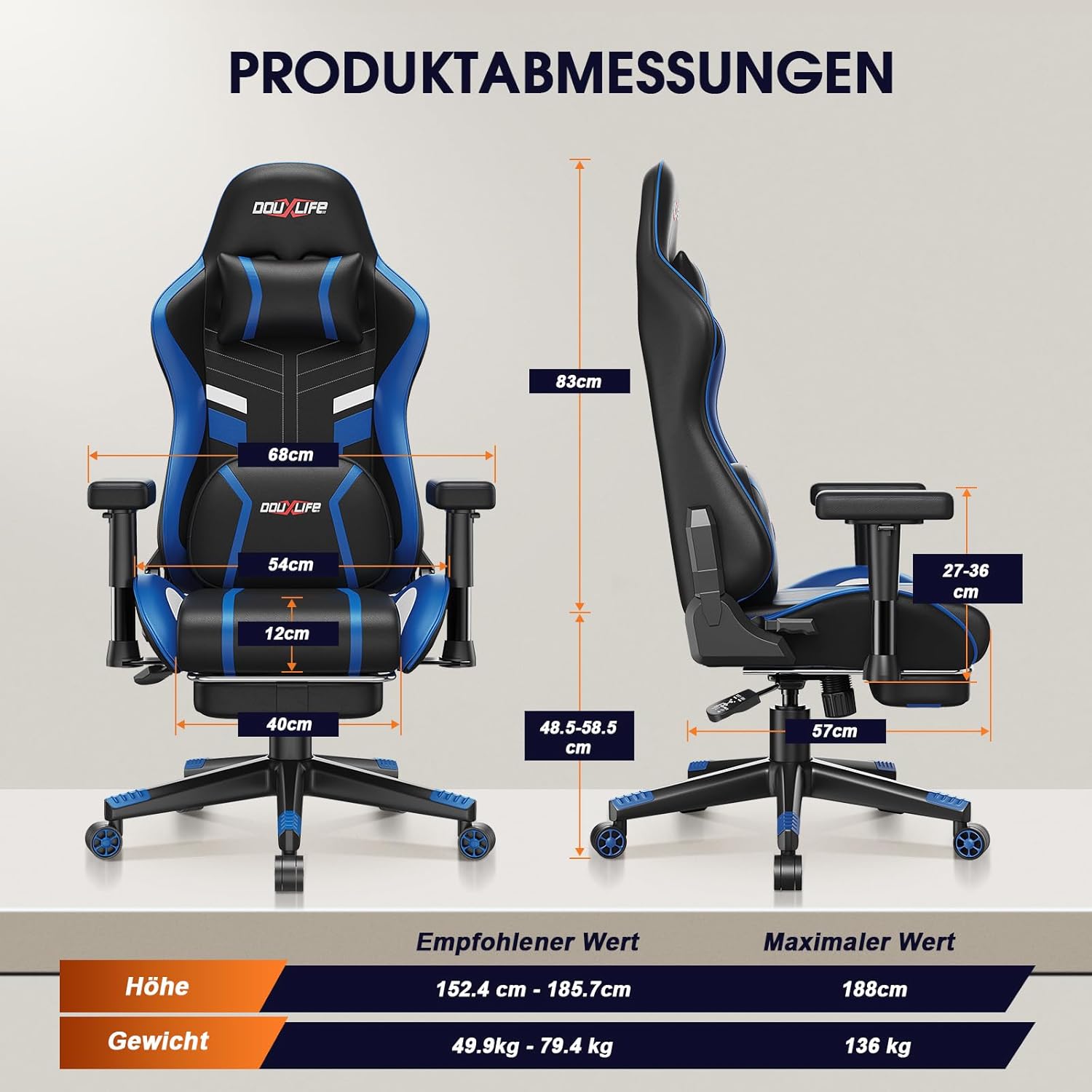 Douxlife Gaming-Stuhl mit Knetmassage und Heizfunktion, Ergonomischer Bürostuhl mit Fußstütze, 90°-175° Verstellbar, Gepolsterte 2D-Armelehnen, Gamer Sessel PC Stuhl, 181KG, Blau