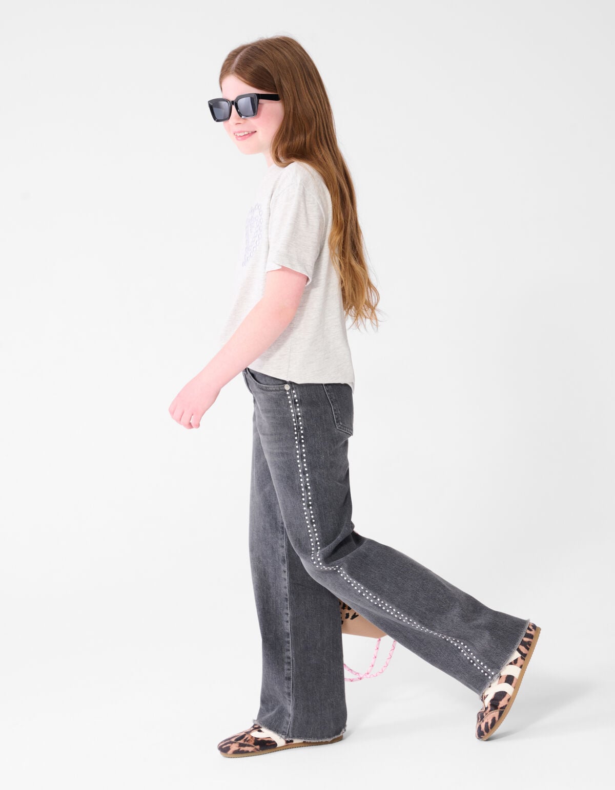 Stud Wide Leg Fit Jeans Donkergrijs