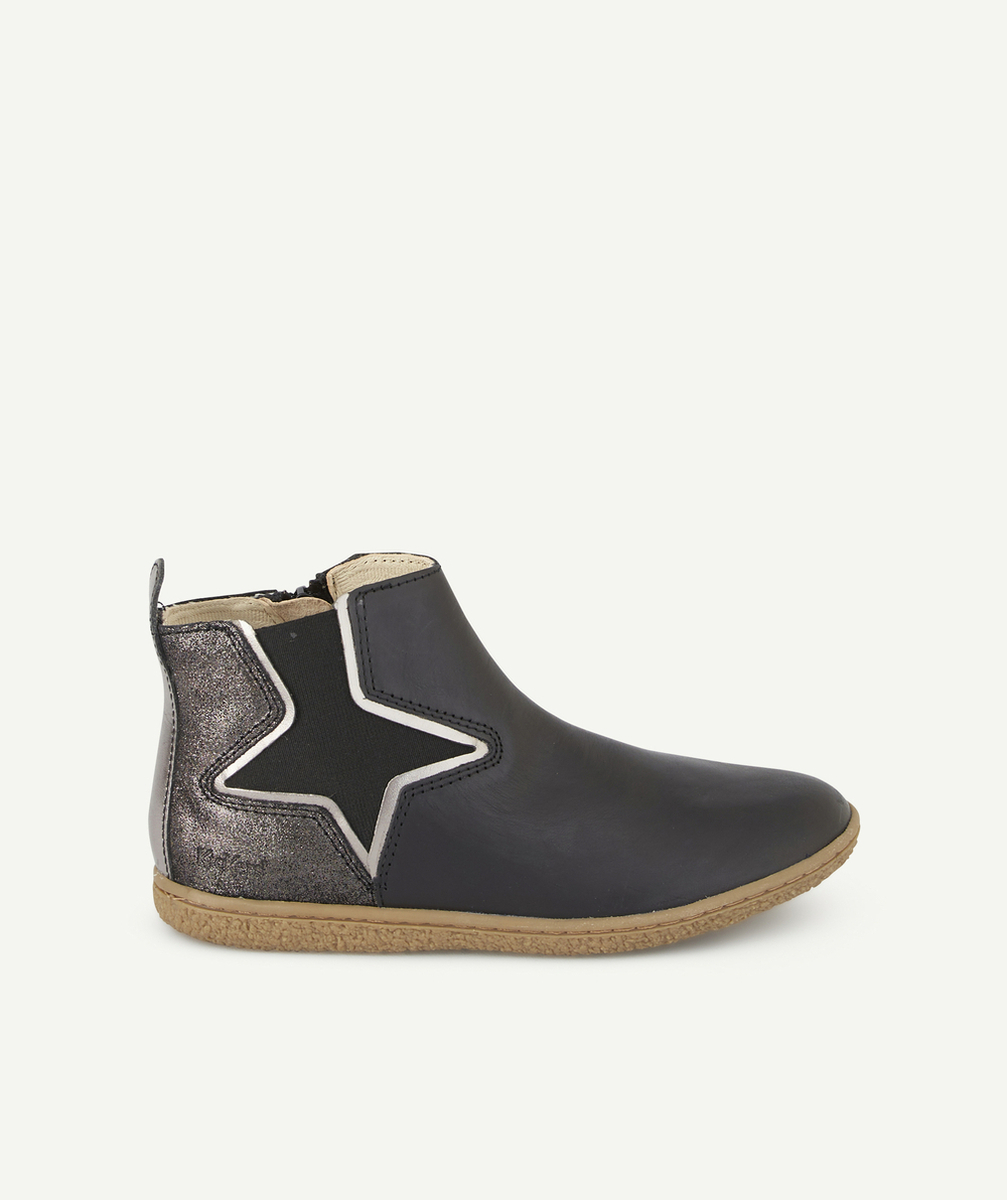 KICKERSBOTTINES VERNILLON FILLE EN CUIR NOIR ET COULEUR ARGENTÉE