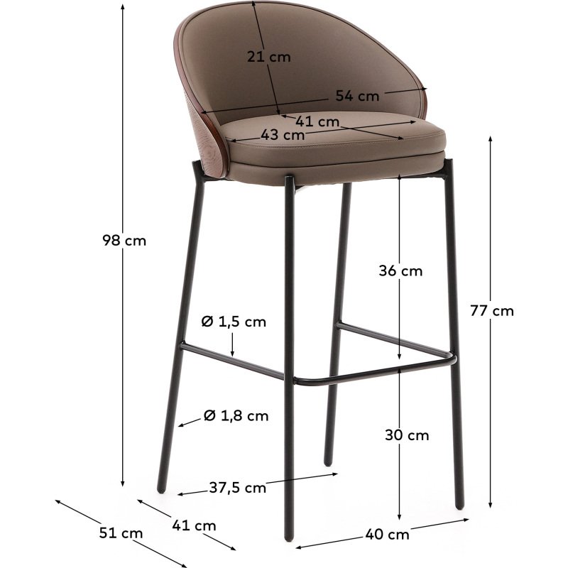 Tabouret Eamy en cuir synthétique marron, placage de frêne avec finition noyer et métal ma