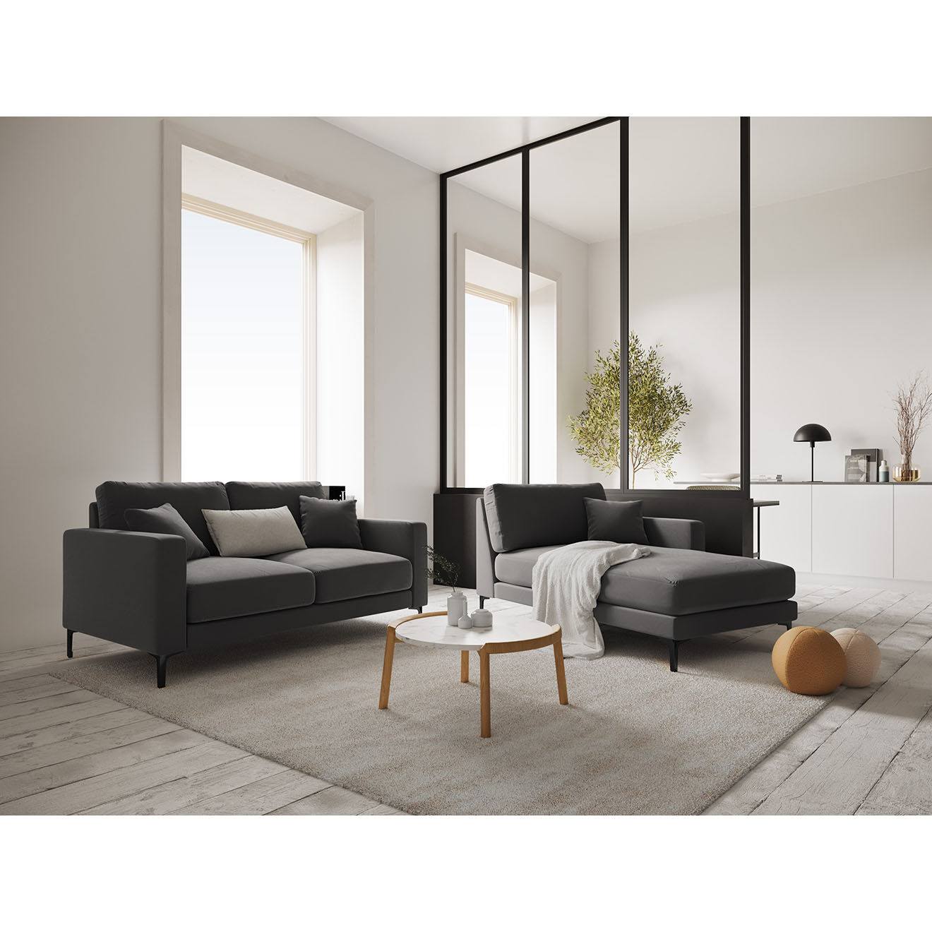 Mazzini Sofas Méridienne Velours Droite Venus grise - 160x104x90 cm