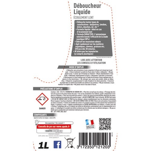 Déboucheur liquide spécial Écoulement lent Spado - Bidon de 1 L