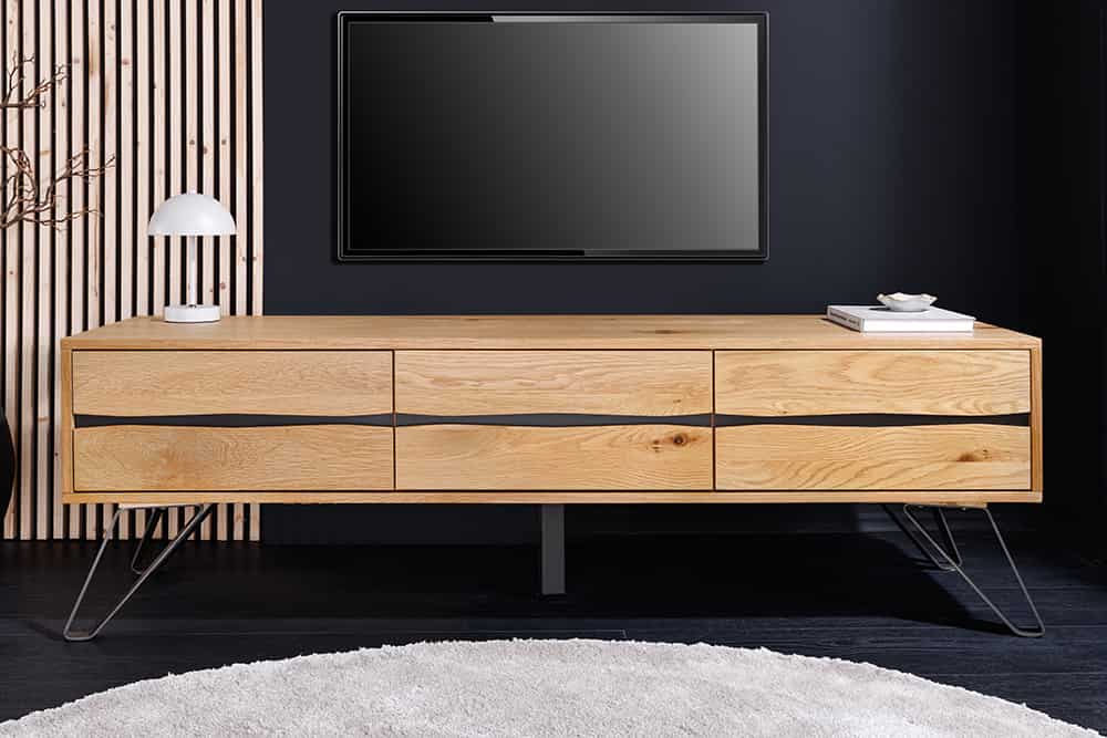 Massives TV-Lowboard LIVING EDGE 160cm natur Eichenholz Baumkante mit Hairpin Legs