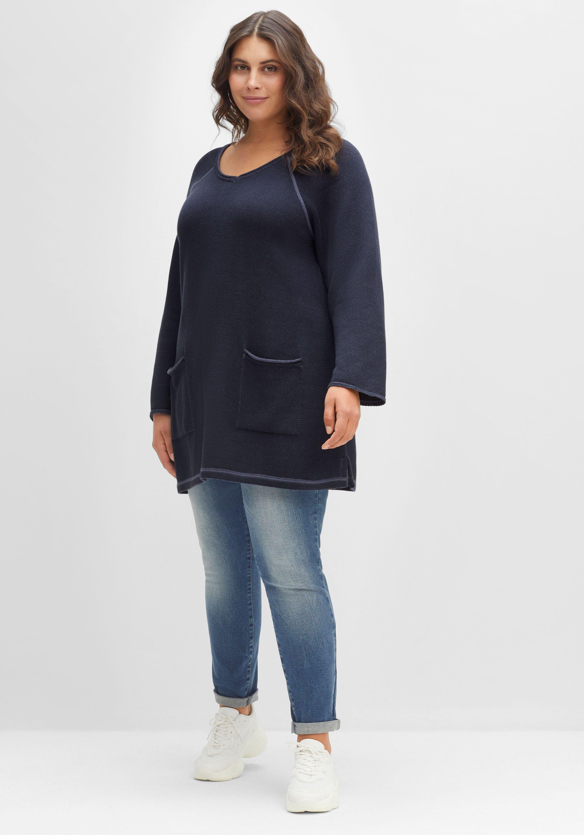 Longpullover mit V-Ausschnitt und Taschen vorn