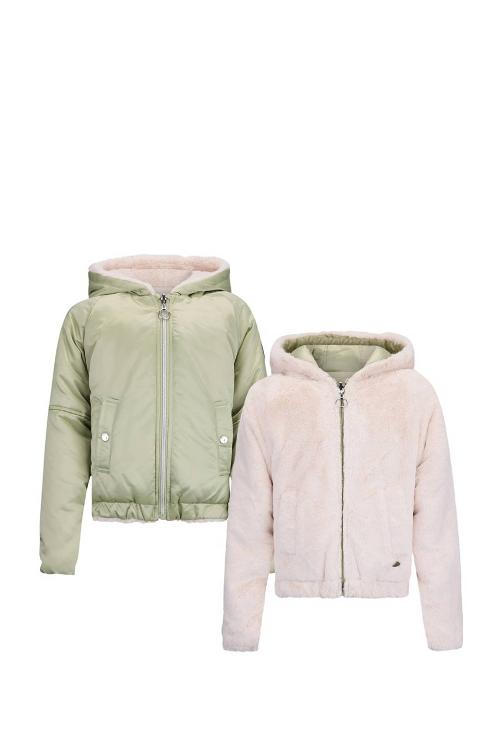Retour Jeans reversible gewatteerde imitatiebont tussenjas Zoumi beige/zachtgroen