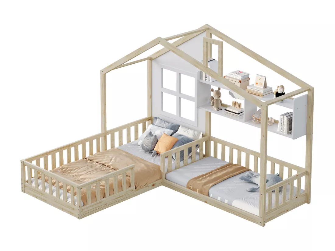 Lit enfant 70x140 cm/90x200 cm en bois - avec étagères et sommier à lattes - Naturel