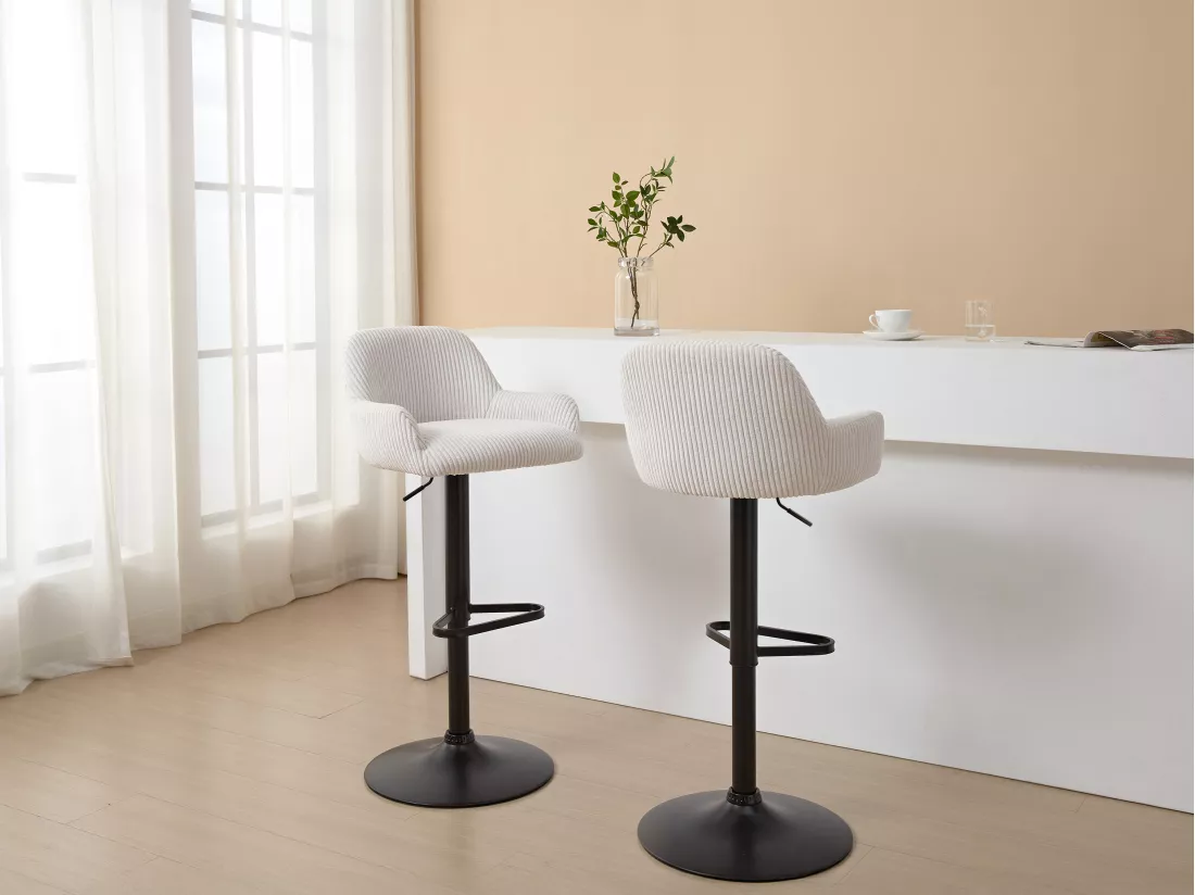 Lot de 2 tabourets en velours côtelé et métal noir - Hauteur réglable - Crème - LILIYA