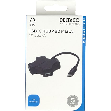 Deltaco USB-C hub 4-port - sort