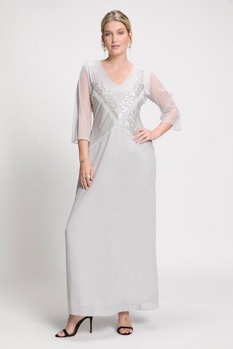 Abendkleid, Perlenstickerei, V-Ausschnitt, 3/4-Arm