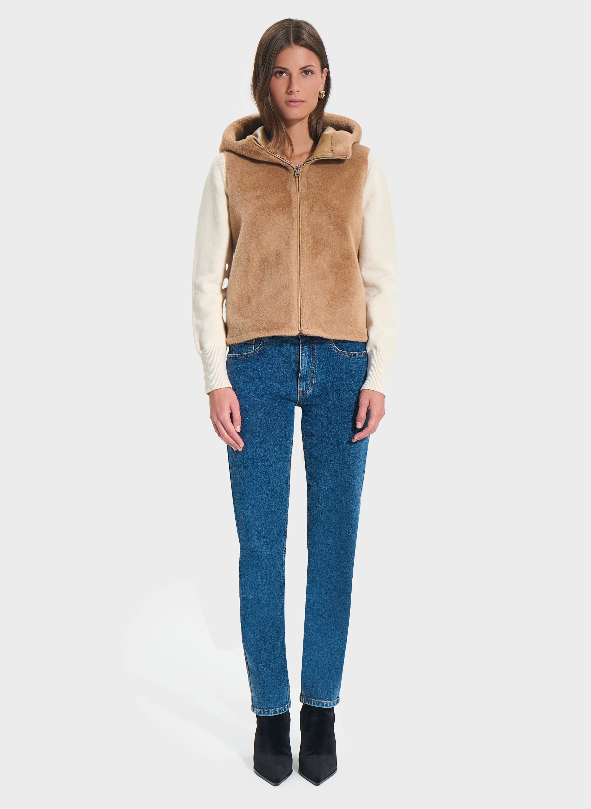 GENTA - Gilet zippé droit en fausse fourrure | Beige