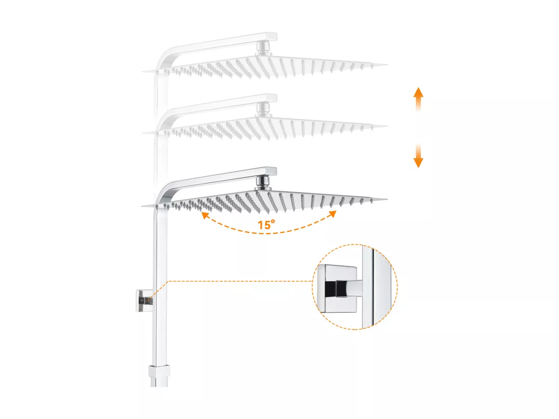 Auralummax Colonne Douche Thermostatique Hauteur Réglable entre 96-130cm, Mitigeur Baignoire avec Pommeau de Douche 30x30CM, pour Salle de Bain,Chromé