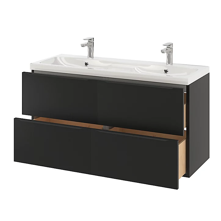 Ensemble salle de bains l.120 cm meuble à suspendre Imandra noir mat + plan double vasque résine blanc