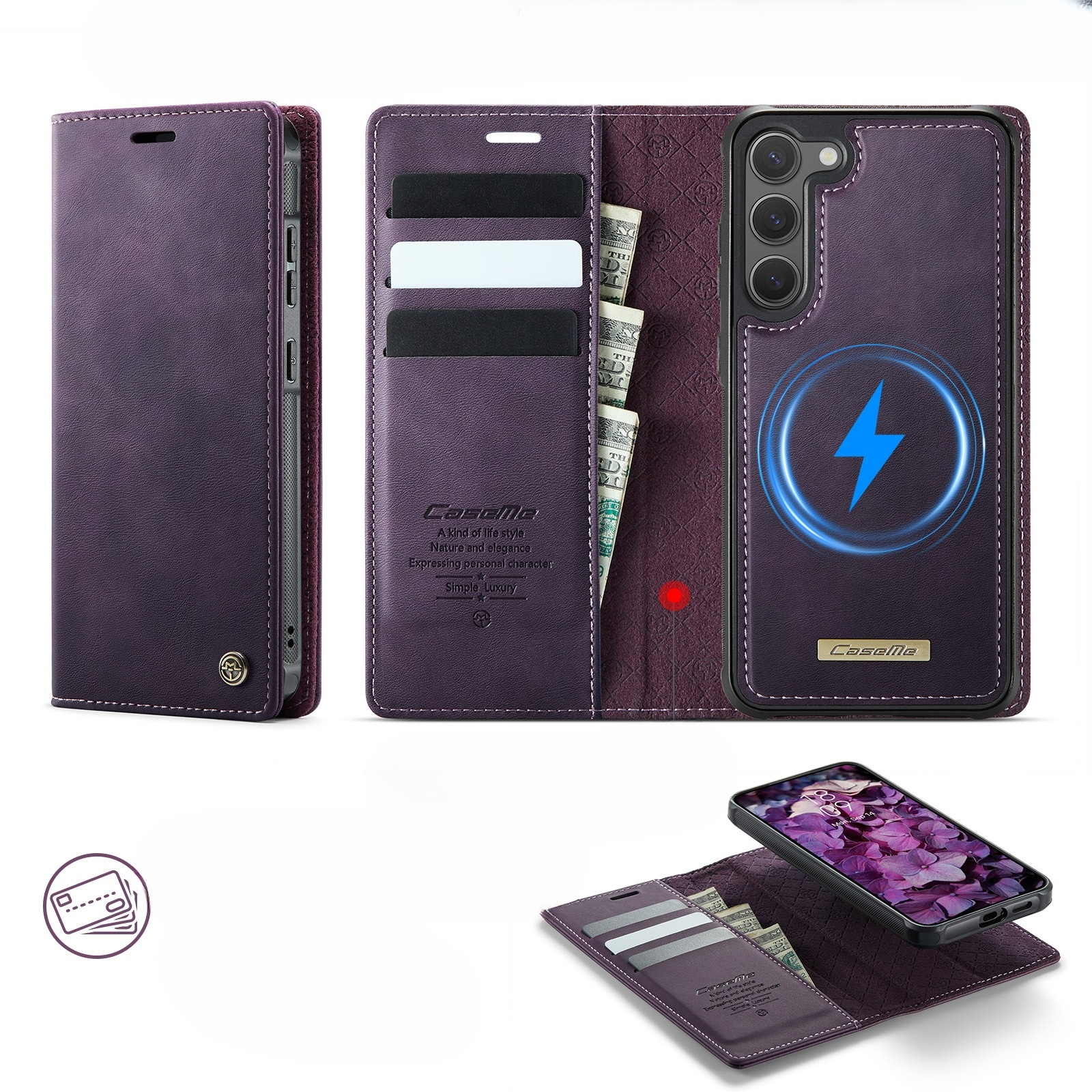 Samsung Galaxy S23 5G 2in1 Leder Tasche   Magnet Hardcase Karten Etui MagSafe-Modul (RFID Schutz) - Lila