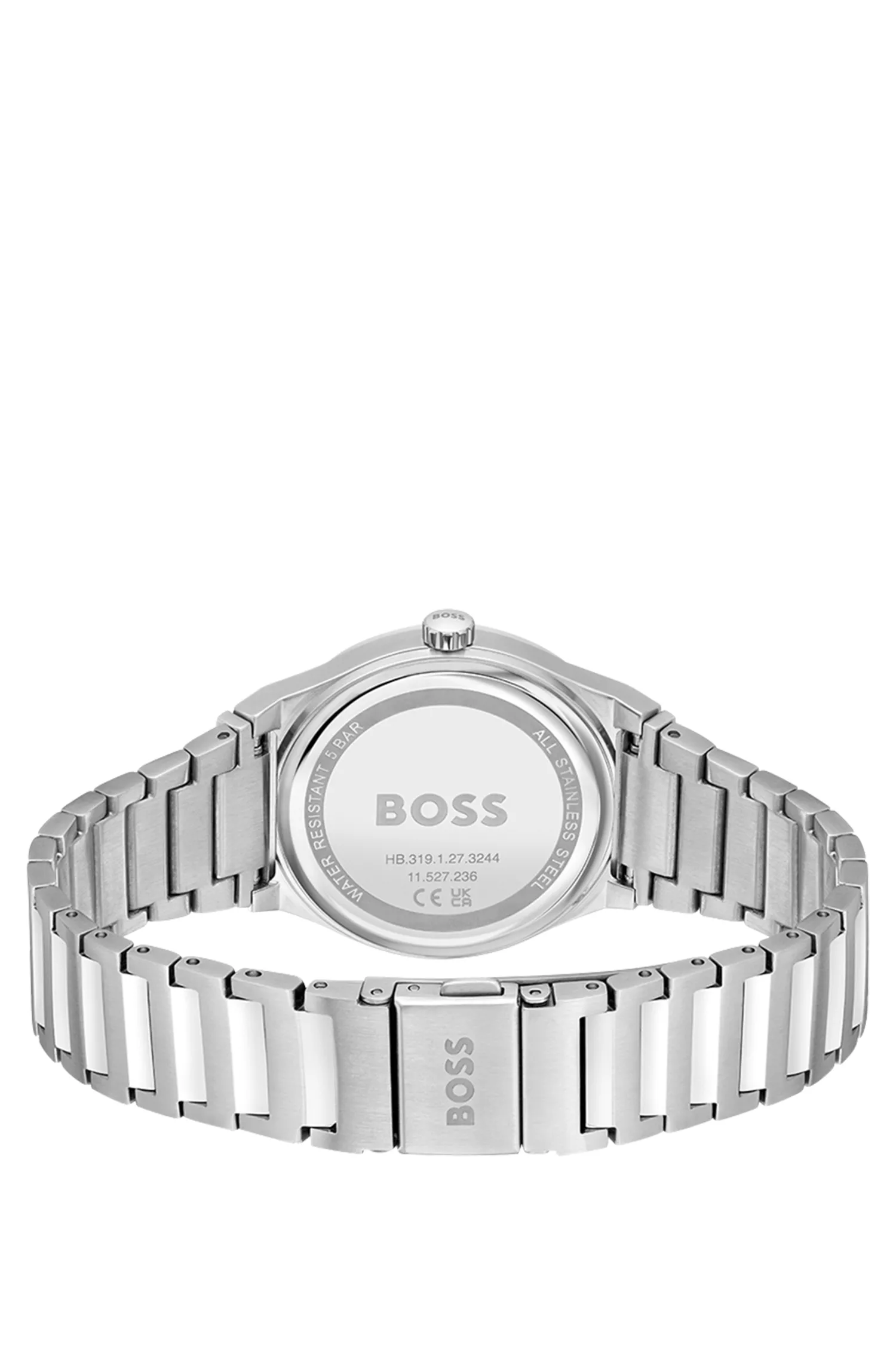Relógio BOSS com pulseira de elos pretos e mostrador prateado.