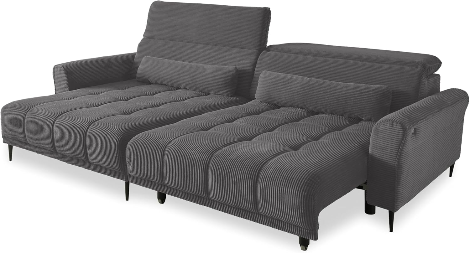 möbelando Wohnlandschaft >Wolve< elektr. Sitzverstellung, 2 Kissen, Cord grau - 277x108x179cm (BxHxT)