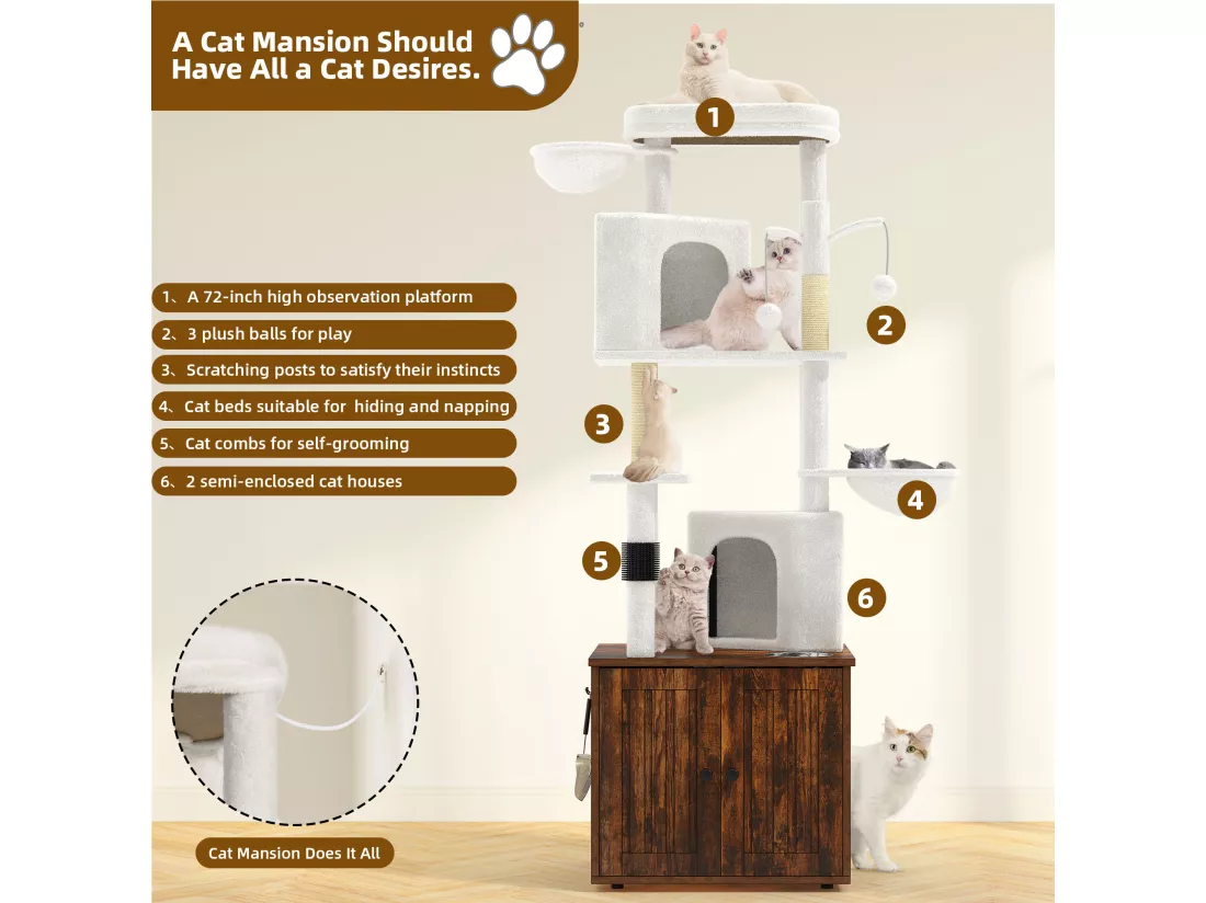 YITAHOME Arbre à Chat - 185 cm - avec Griffoir - à Plusieurs Niveaux - Niches pour chats d'intérieur avec Litière Cachée - Gris