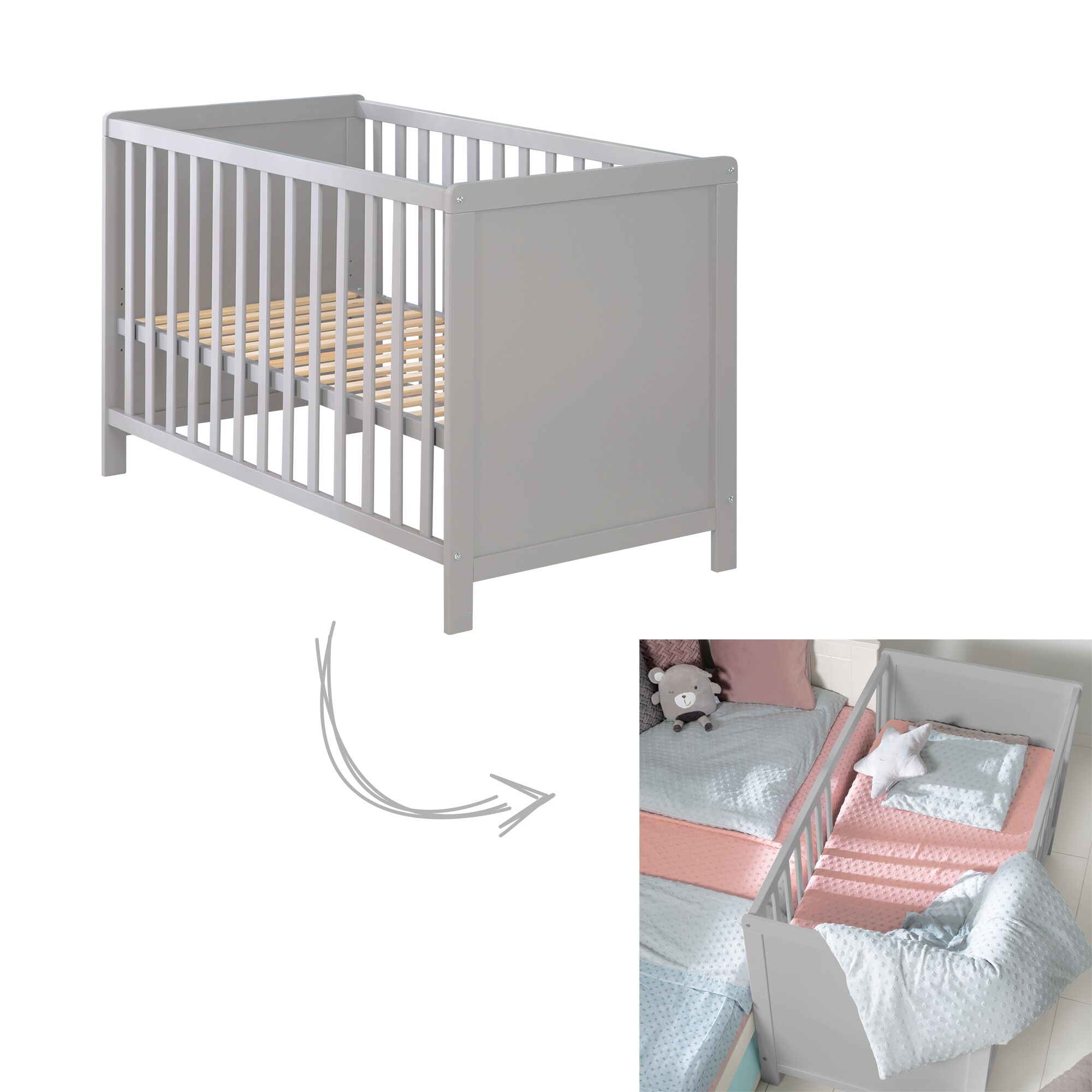 Baby- & Beistellbett 2in1 'Hamburg' ca. 60x120 cm, taupe, verstellbar, inkl. 5 Schlupfsprossen