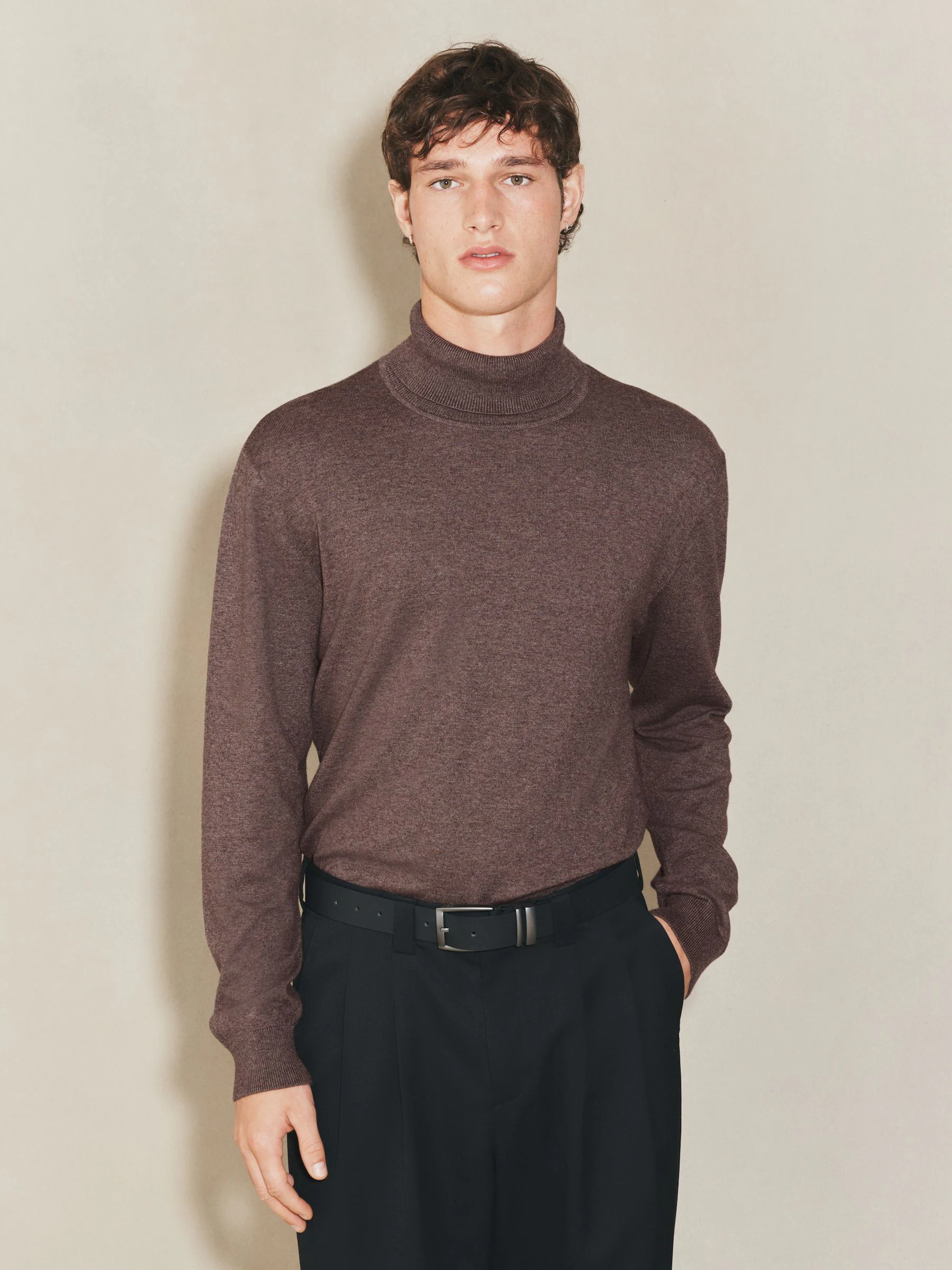 Donker kiezelkleurig - EDIT Gebreid poloshirt met lange mouwen en rolkraag