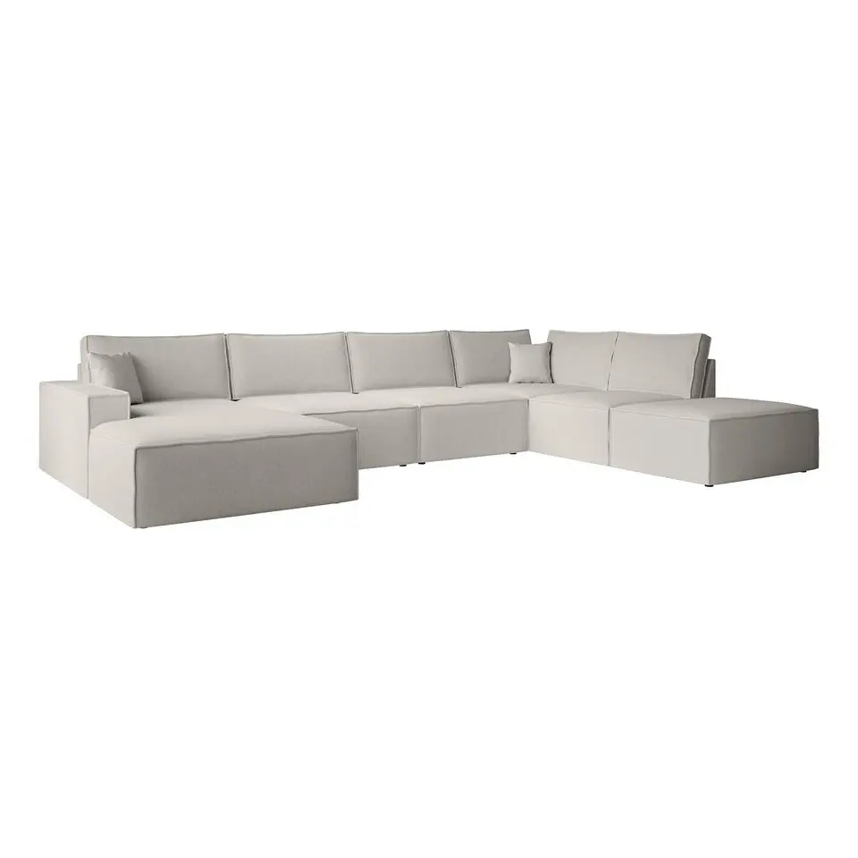 Meubella - Manolo - Hoekbank 5-zits met chaise longue - Stof beige - Links