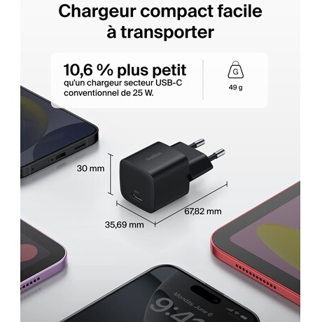 Chargeur pour téléphone mobile Belkin USB-C BoostCharge 25 W Noir pour Smartphone et Tablette + câble USB-C vers USB-C 1 m