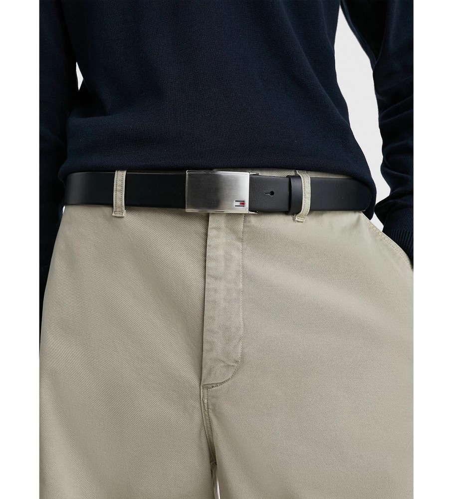 Cinto de couro Tommy Hilfiger TH Plaque - 3,5 cm - Preto