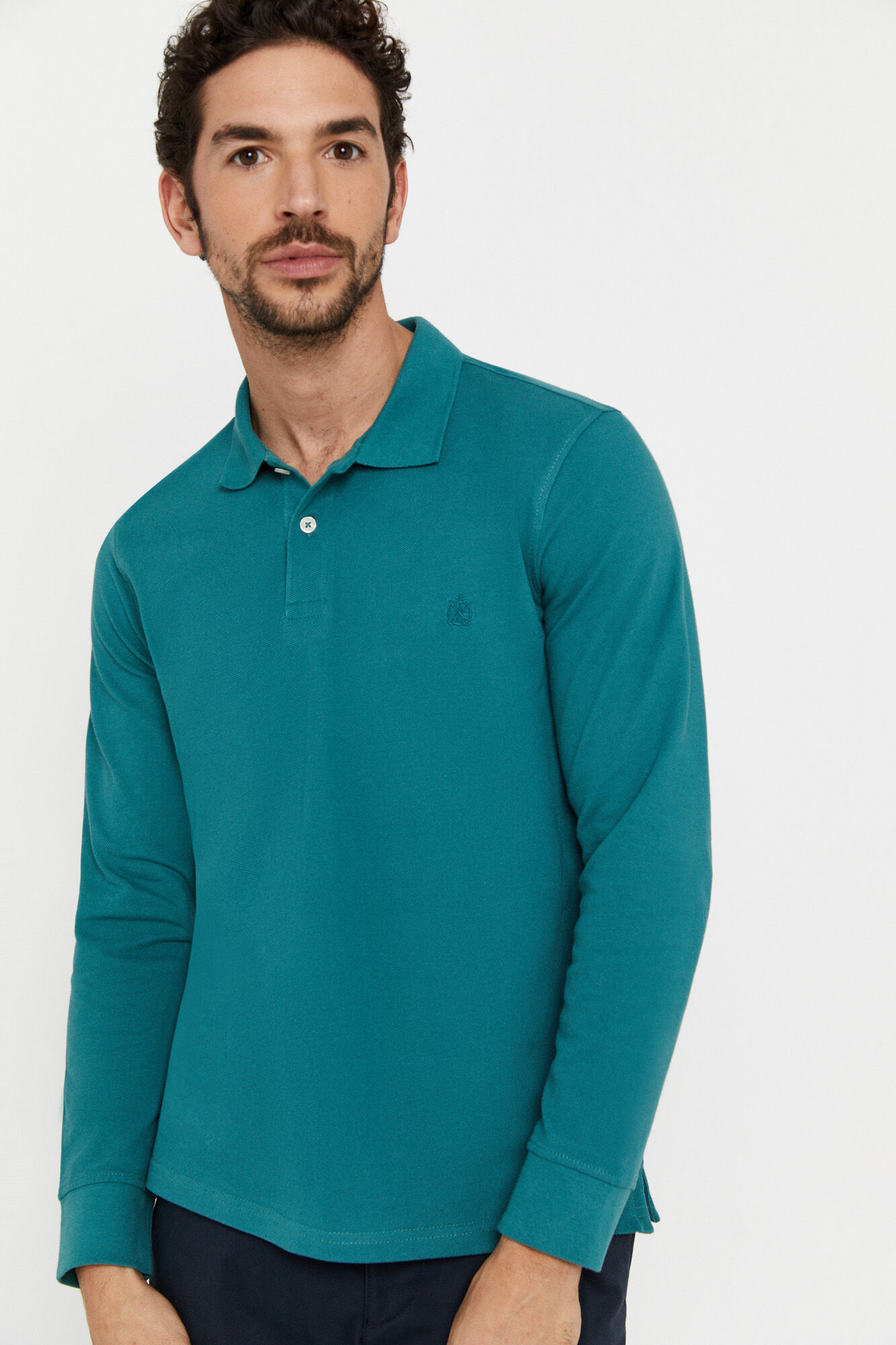 Camisa polo básica de manga comprida - Turquesa