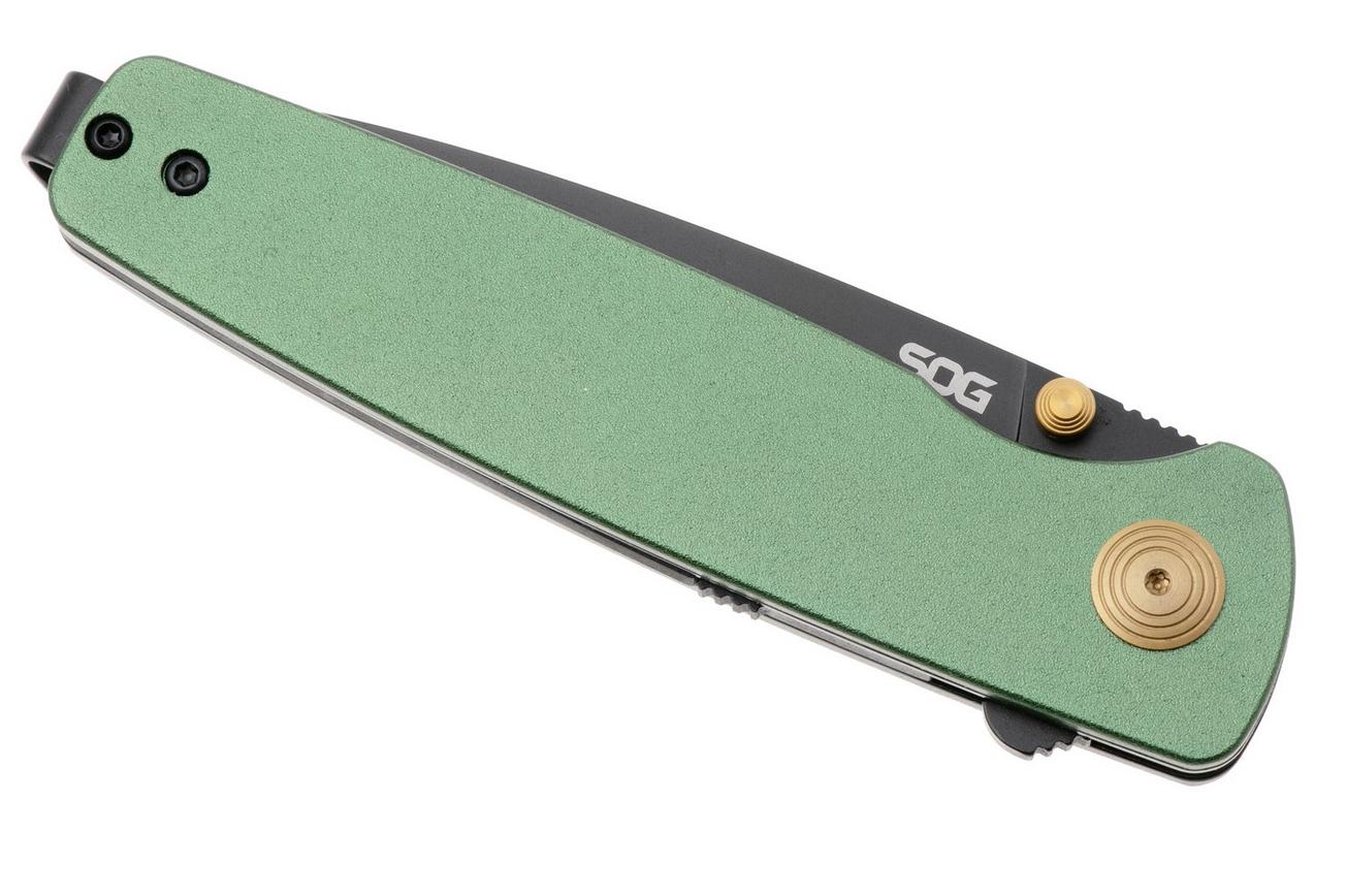 SOG Twitch III 11-15-04-43, Black 154CM, Forest Green Aluminum, Gold Hardware zakmes