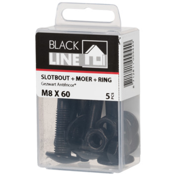 Blackline slotbout zwart M8x60 met moer en ring 5 stuks