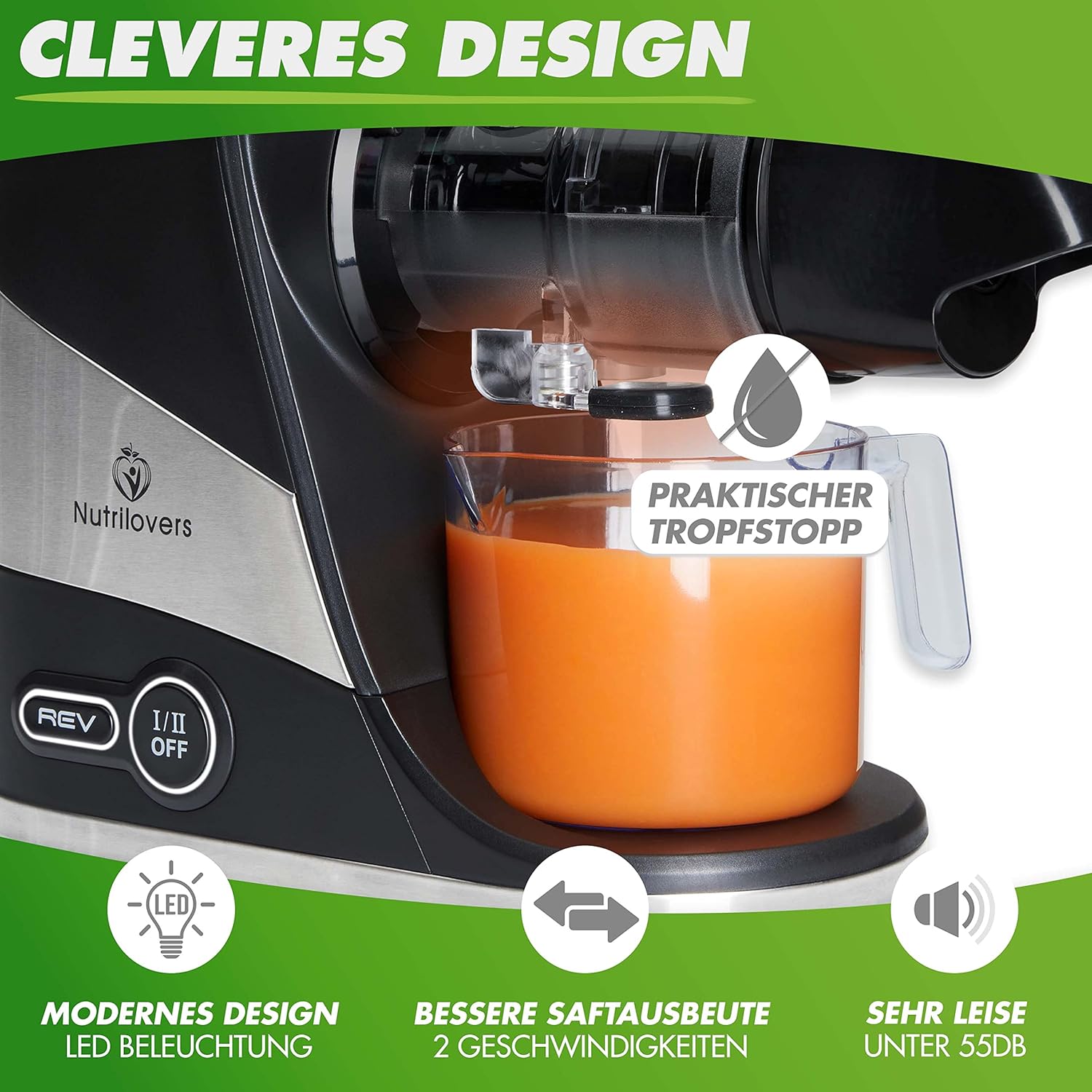 Nutrilovers Entsafter Slow Juicer MINI-PRESS Obst und Gemüse - Deutsche Marke - Kompaktes Design Edelstahl, 100% BPA-frei, Leichte Reinigung - Inkl. Rezepte-Ebook + Nutri-App