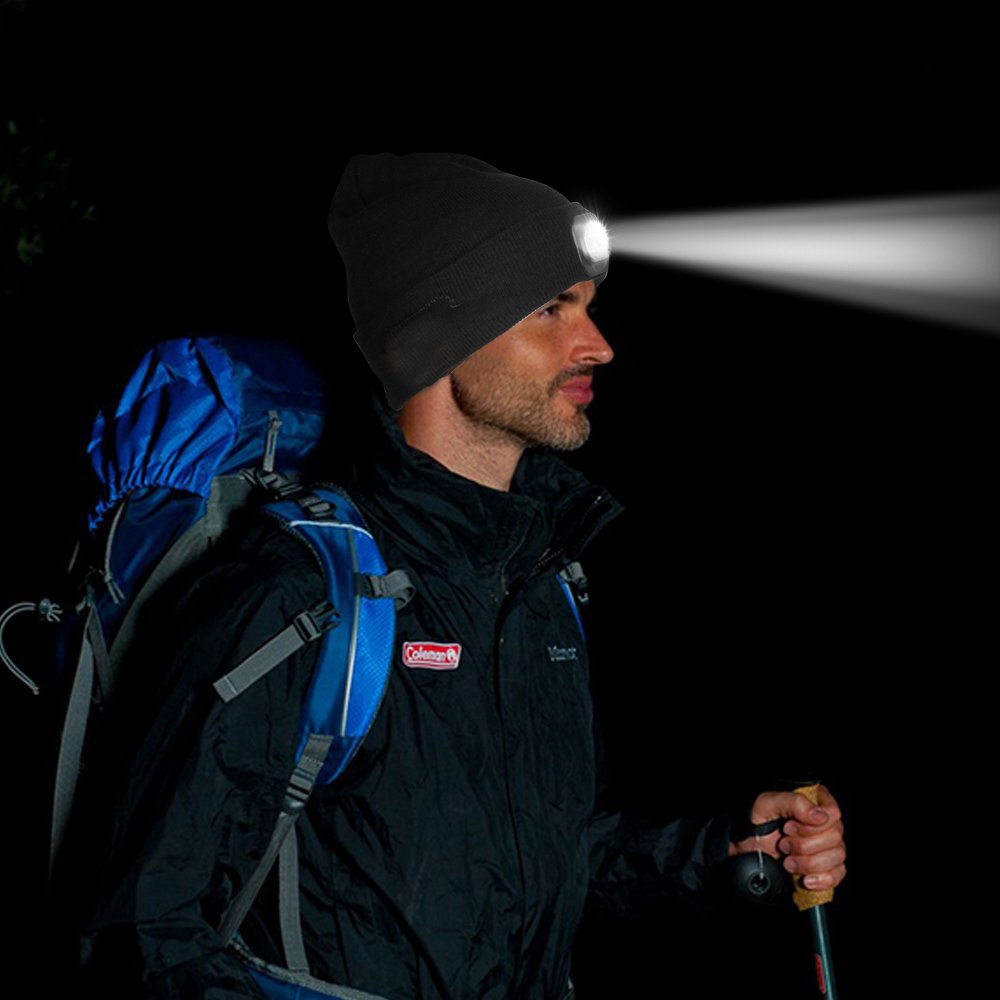 Winter Strick Mütze Beanie mit integrierter LED Stirnlampe (One Size) - Schwarz