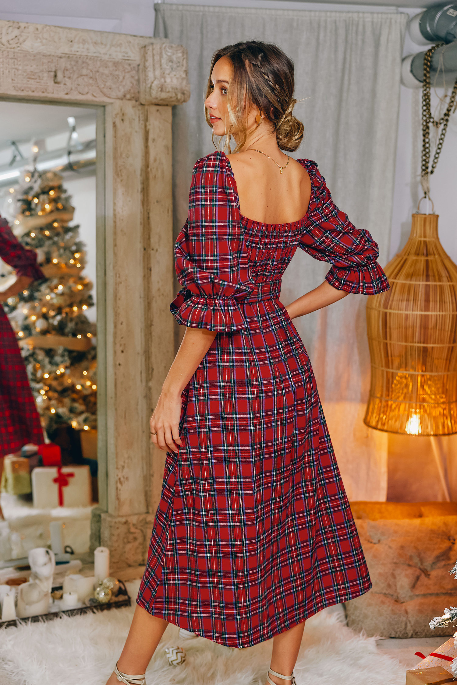 Robe maxi ceinturée à carreaux tartan