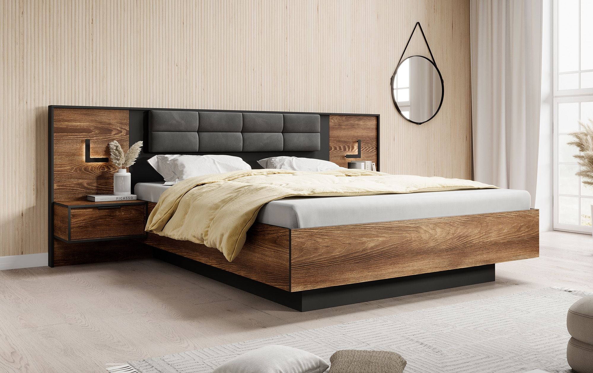 Mulvey - Tweepersoonsbed met nachtkastjes - Eiken/Antraciet - 160x200 cm