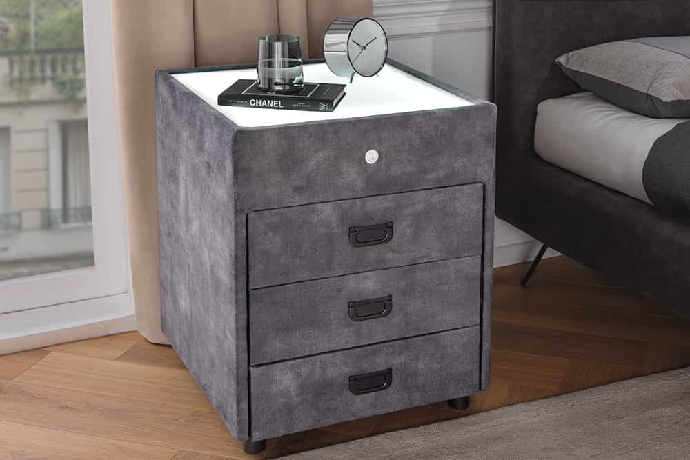 Quadratischer Nachttisch PARIS 55cm grau Samt inkl. Beleuchtung und Schubladen