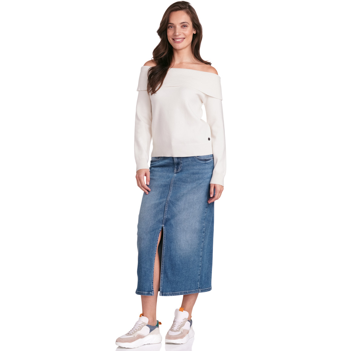 Gina Collection Damen Strickpullover mit Rippenbündchen creme