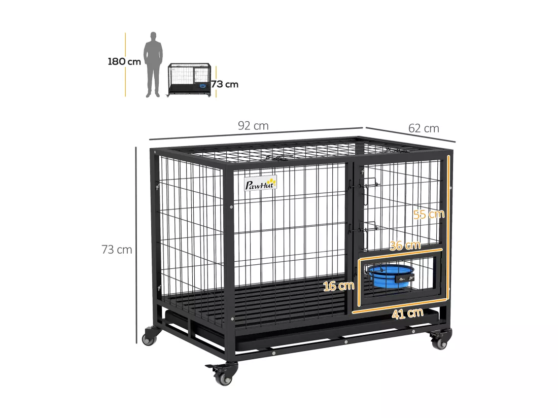 Cage pour chien sur roulettes 2 portes verrouillables - support gamelle, plateau amovible - acier noir