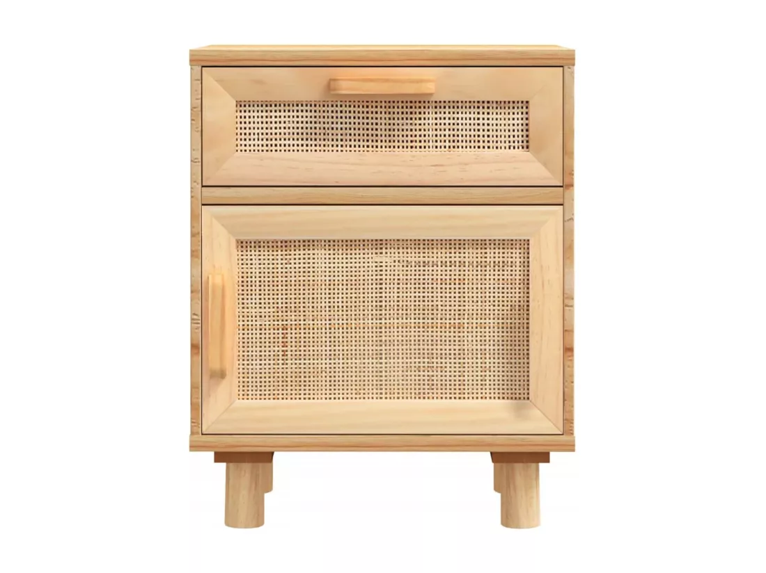 Table de chevet Marron Bois de pin massif et rotin naturel