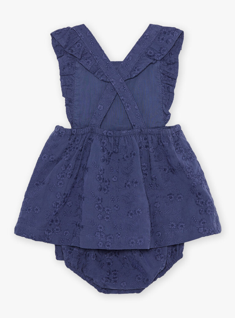 Robe bleu nuit en popeline à broderies fleuries