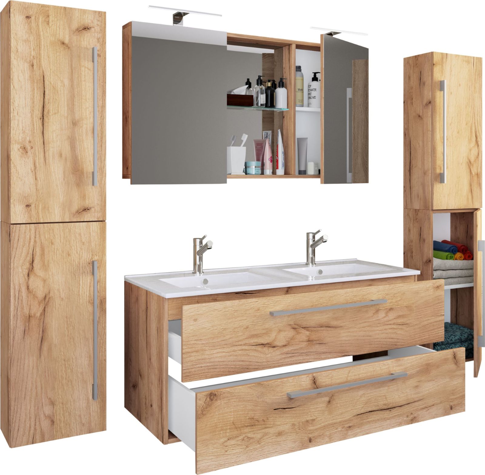 5-teiliges Badmöbel-Set BUDASI - Honig Eiche - Spiegelschrank - 177 cm breit