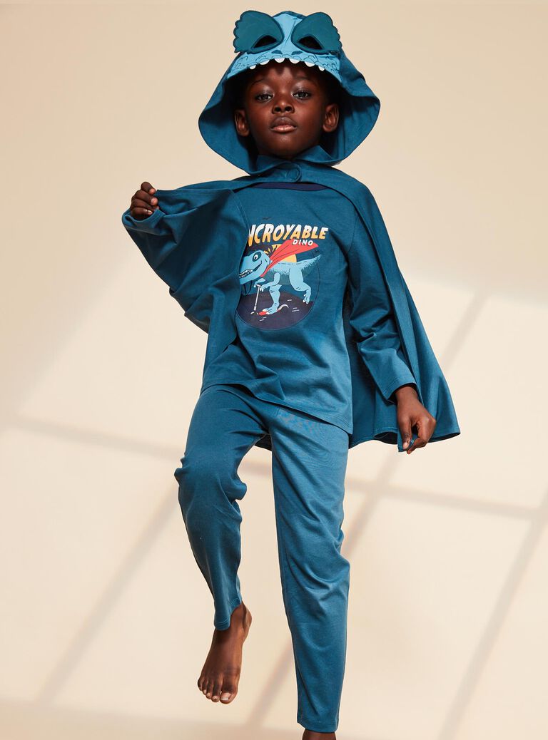 Pyjama deux pièces bleu canard en coton avec cape tête de dinosaure
