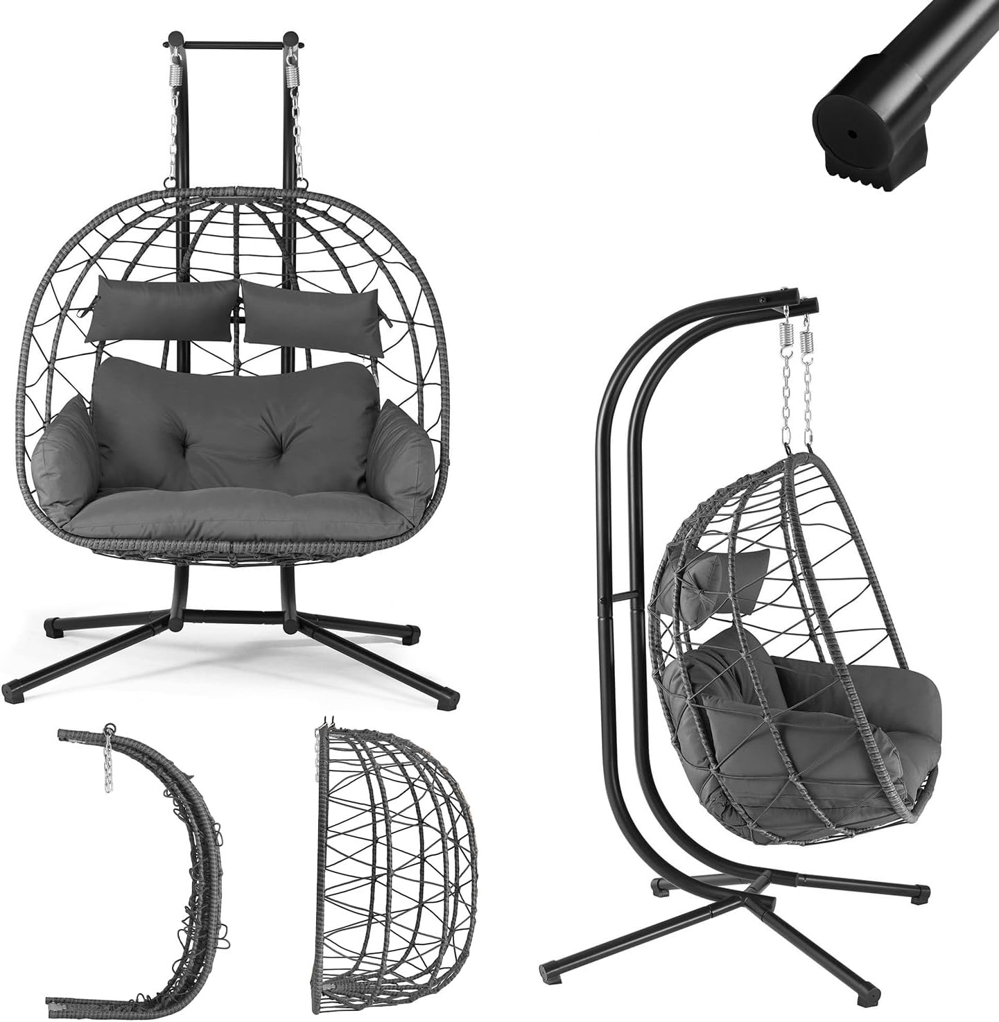 Juskys® Doppelhängesessel Aria - Polyrattan Hängesessel mit Gestell & Kissen - Schaukel für Zwei Personen - Outdoor Indoor Sessel - XXL Korb Grau