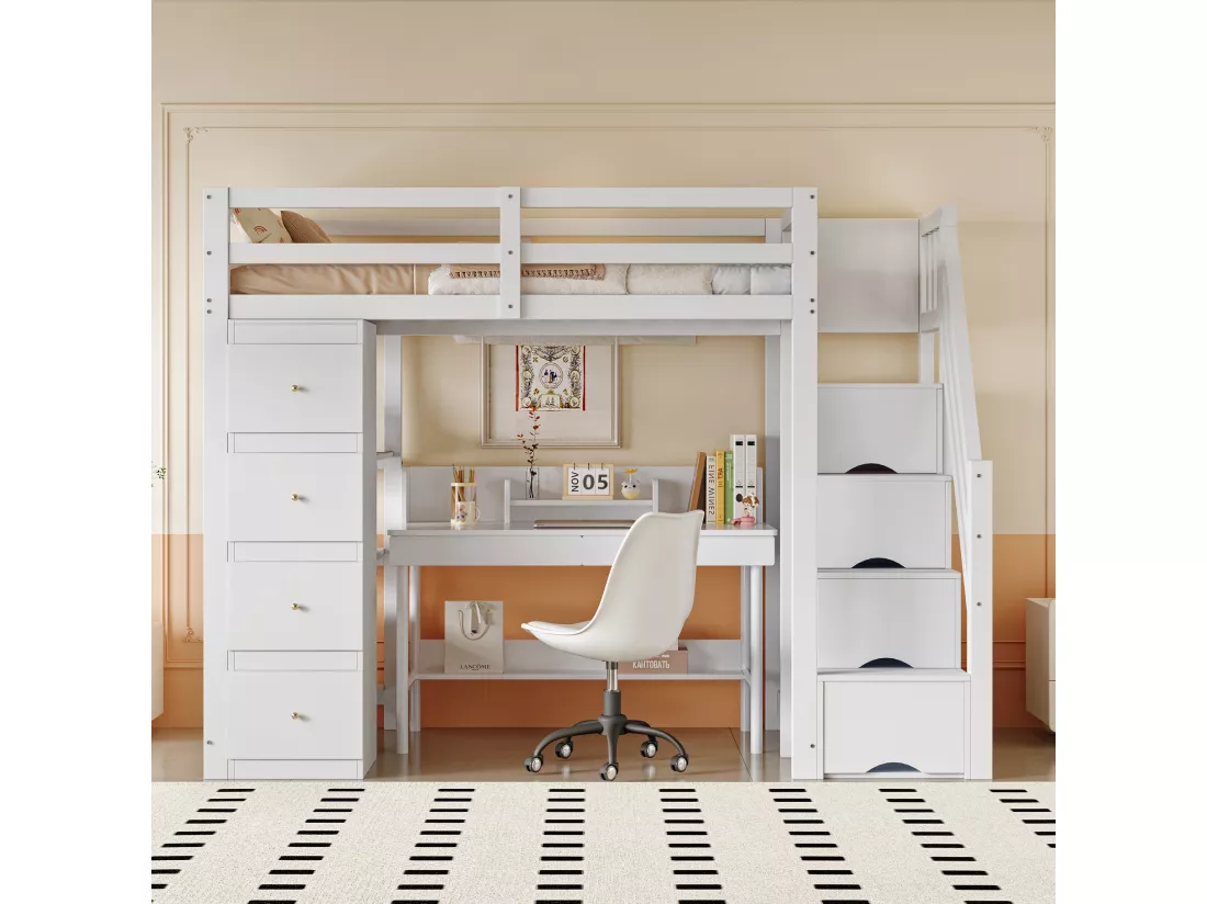 Lit mezzanine 90x200cm en bois massif - avec 4 tiroirs et escalier de rangement - Blanc (matelas non inclus)
