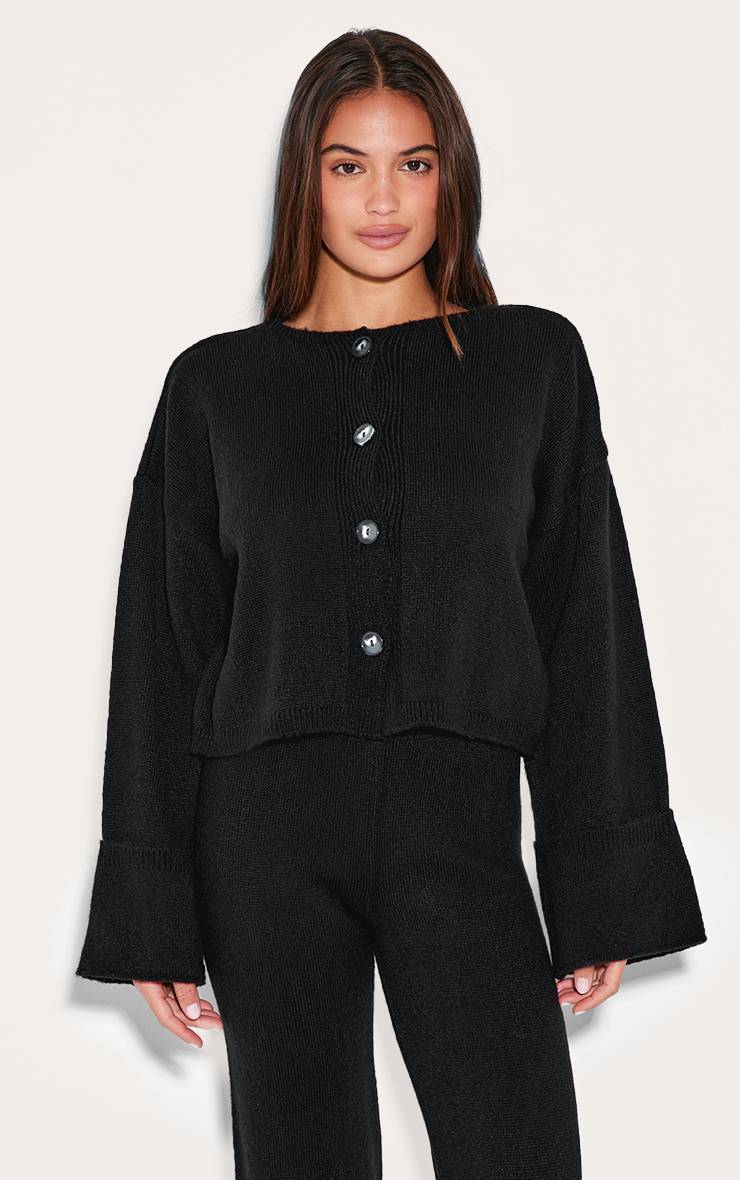 Noir Cardigan En Maille À Manches Retroussées