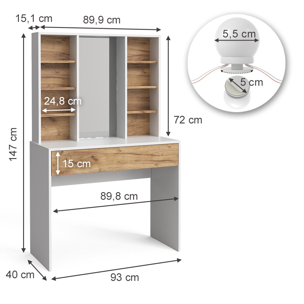 Vicco Schminktisch Alexa 93 x 147 cm Weiß Eiche LED-Lampen Frisiertisch modern