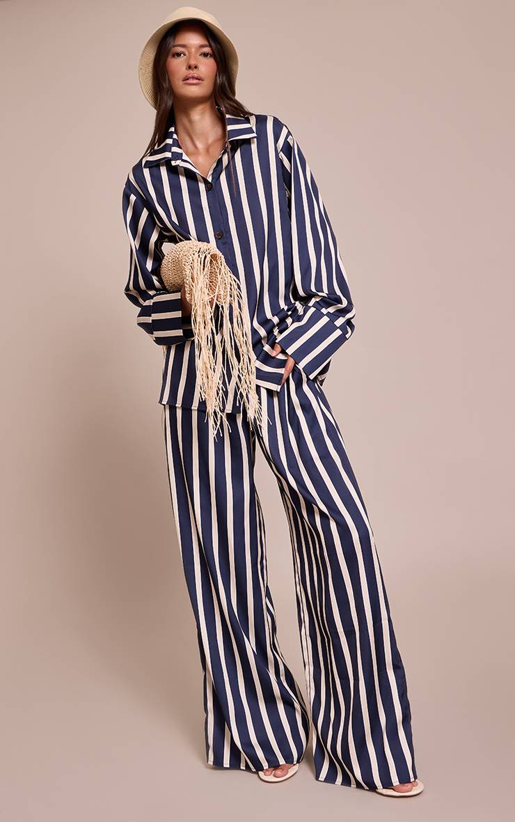 Bleu Marine Chemise Satinée À Fines Rayures
